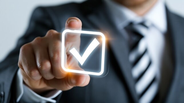 Businessman presses a glowing white checkmark symbol on a transparent interactive digital wall display.