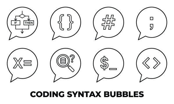Coding syntax icons in speech bubbles, illustrating programming language elements and logic.