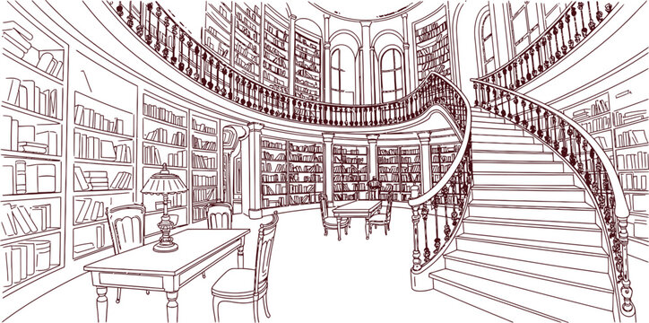Vintage library interior, antique reading room, classic bookshelves, elegant staircase