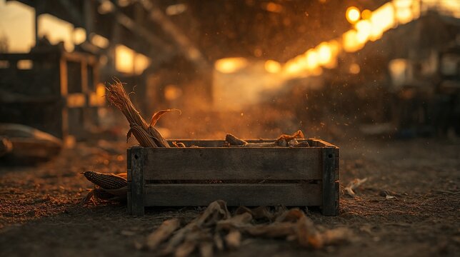 Empty wooden market crate with dry dust, representing agricultural failure during El Ni&ntilde;o famine