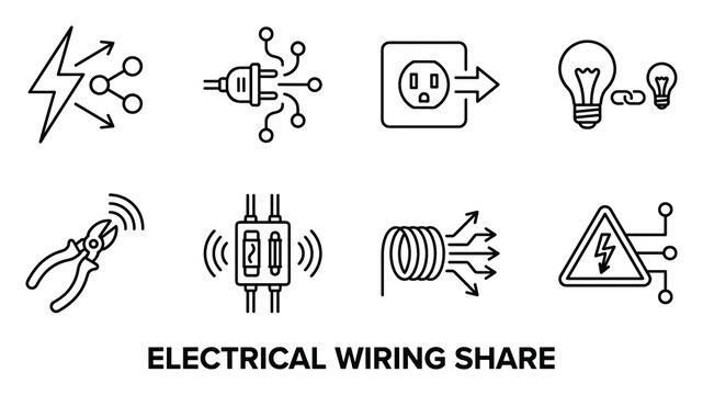 Electrical wiring share icons outline lightning plug socket bulb pliers fuse wire danger symbols.