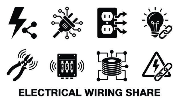 Electrical wiring share icons solid fill lightning plug socket bulb pliers fuse wire danger symbols.