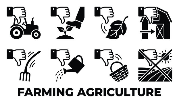 Farming agriculture negative icons set vector for bad harvest crops and failed farmwork concepts.
