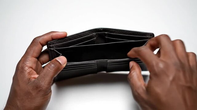 Black man hands holding an open empty leather wallet over a white background