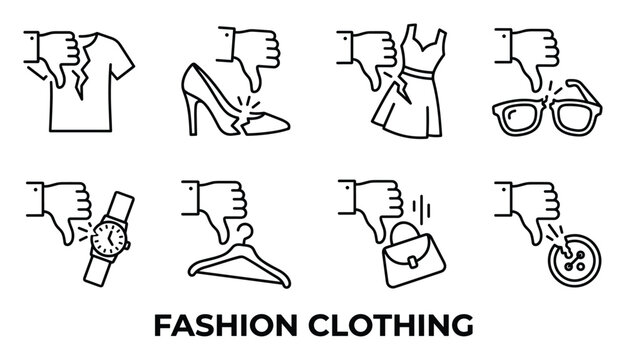 Fashion clothing line icons thumbs down disapproval bad quality ripped damaged items broken accessories.