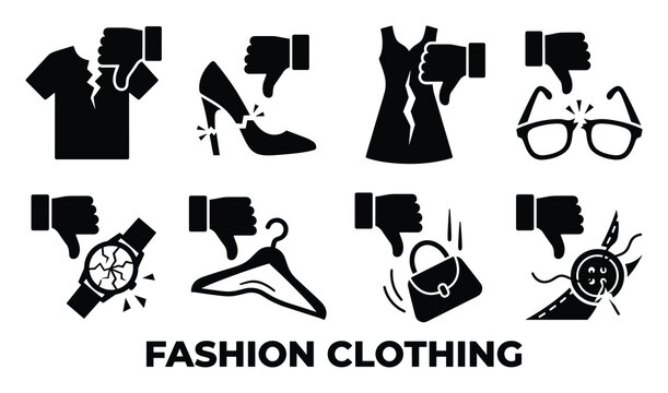 Fashion clothing negative icons set for damaged apparel and bad style review broken items thumbs down.