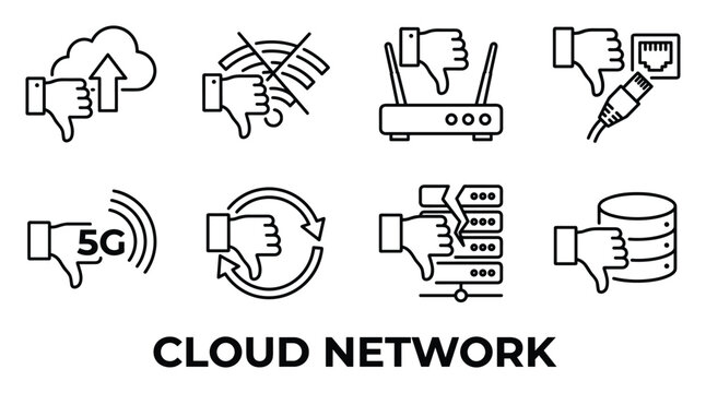 Linear cloud network icons depicting connection problems with thumbs down sign for technical errors.