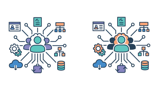 Data management and cloud integration conceptual illustration with user identity and network connections shown in a professional icon set for IT infrastructure and digital business solutions