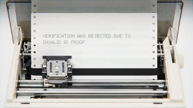 Old Dot Matrix Printer Printing VERIFICATION WAS REJECTED DUE TO INVALID ID PROOF Text on continuous white paper Close Up view.