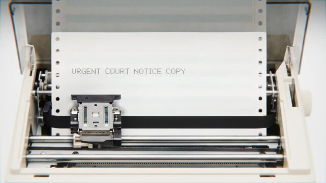 Old Dot Matrix Printer Printing URGENT COURT NOTICE COPY Text on continuous white paper Close Up view.