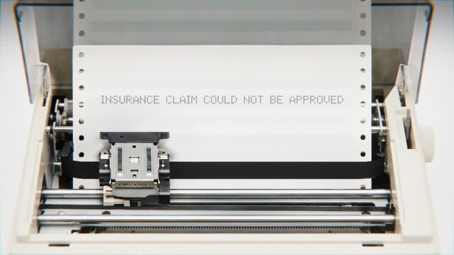 Old Dot Matrix Printer Printing INSURANCE CLAIM COULD NOT BE APPROVED Text on continuous white paper Close Up view.