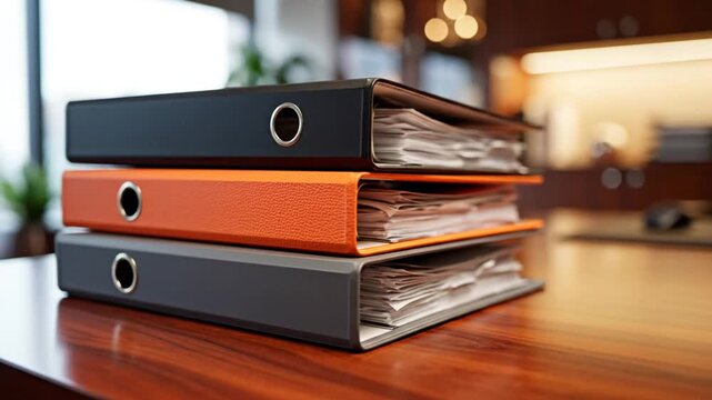 Black orange and grey binders on a professional wooden desk.