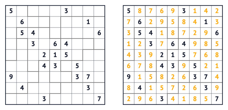 Sudoku square vector with empty grid and completed solution page  