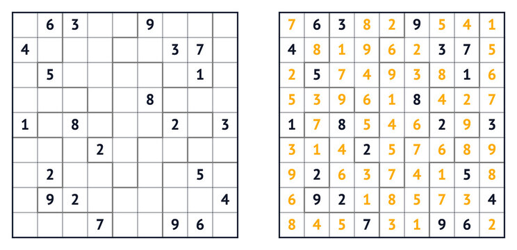 Sudoku square vector with completed puzzle grid and solution page  