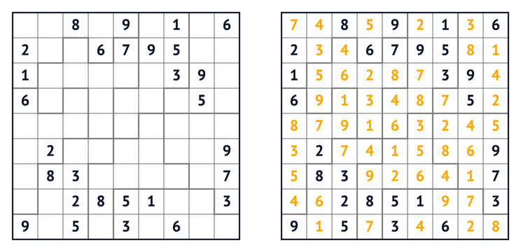 Sudoku puzzle grid with solved solution and empty cells for play  