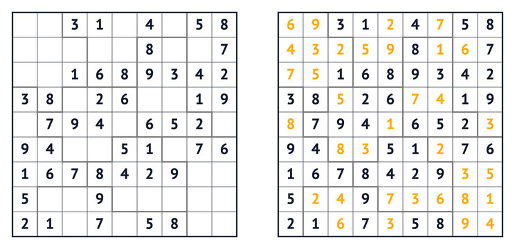 Sudoku puzzle grid solution template with numbers and highlighted squares  