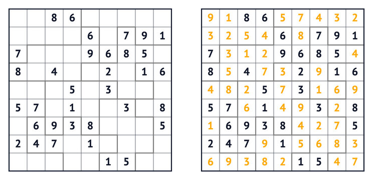 Sudoku puzzle grid with solved solution and empty squares for play  