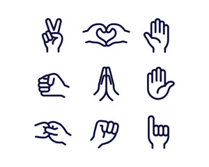 Obraz premium Hand Gesture Outline Icons Featuring Pointing, Thumbs, Handshake, and Swipe Symbols for Interface Design