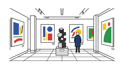 A man stands alone observing an abstract art sculpture inside a modern gallery. © sity