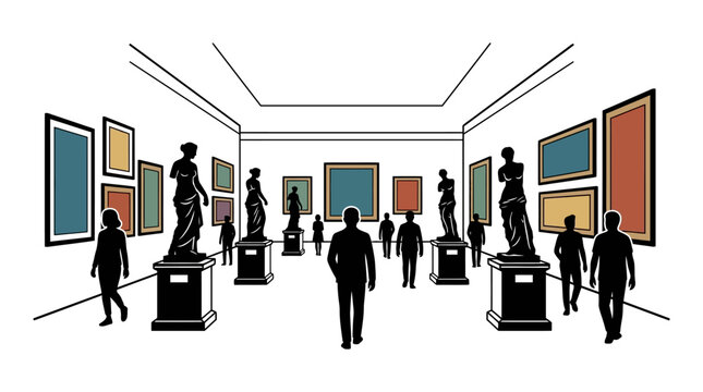 People walking and looking at art statues and paintings in a gallery.