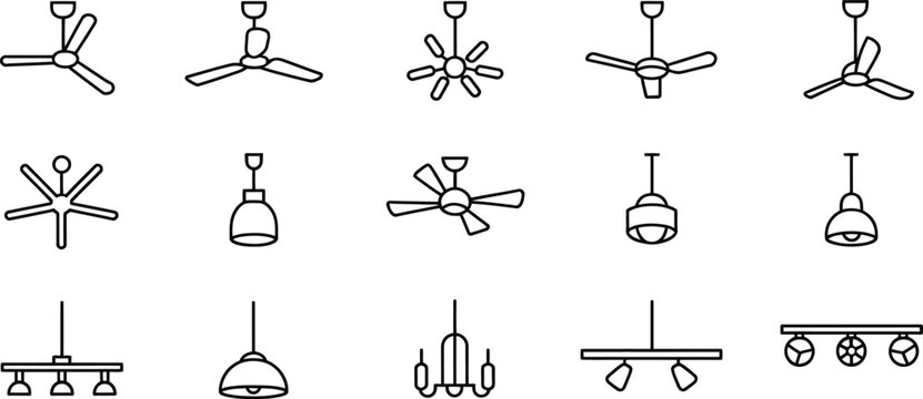 Ceiling fan icons, light fixture symbols, vector lighting fixtures, ceiling light illustrations