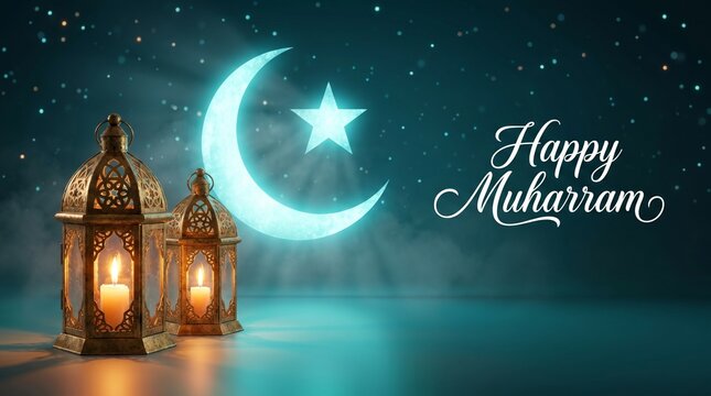 Happy muharram greeting with crescent moon and glowing lanterns on blue background