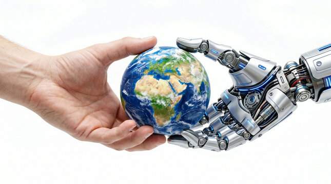 Bionik Biomechanisch Bionics Bionisch Hände Welt Erdkugel Hand Klimaschutz Umweltschutz. Mensch und Roboter sch&uuml;tzen gemeinsam den Planeten, Erde in den H&auml;nden. 