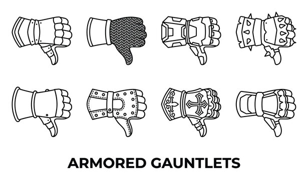 Assortment of armored gauntlets in thumbs down pose isolated on white background vector art.