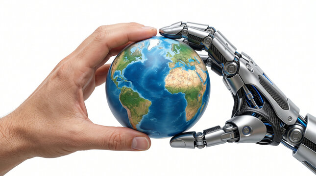 Bionik Biomechanisch Bionics Bionisch Hände Welt Erdkugel Hand Klimaschutz Umweltschutz. Mensch und Roboter sch&uuml;tzen gemeinsam den Planeten, Erde in den H&auml;nden. 