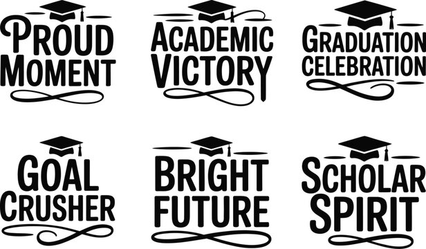 A collection of six distinct typographic graduation quotes with mortarboard icons on white.