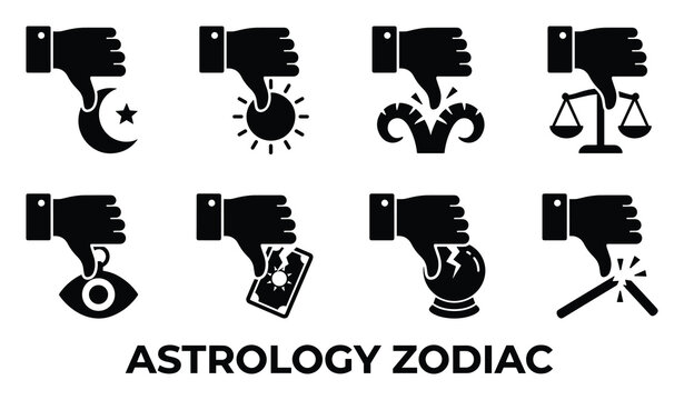 Astrology zodiac set with thumbs down moon sun ram scales eye tarot crystal ball magic wand.