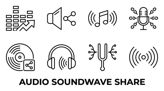 Audio soundwave share icons outline set for music sharing and streaming technology elements vector.
