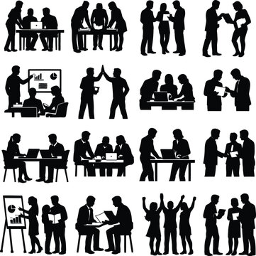 Black silhouette businesspeople working and interacting in office