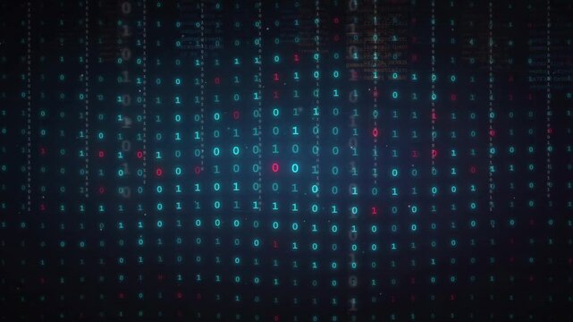 Abstract digital binary code background with flowing blue and red data streams for technology concepts
