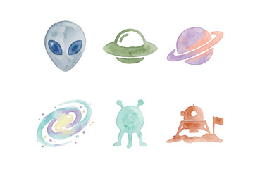 Watercolor alien and space icon set with ufo, planet, and galaxy © Dwi
