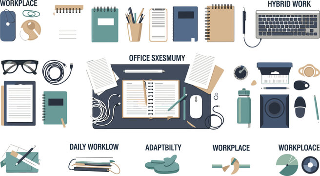 Flat lay office stationery vector illustration set featuring business supplies, notebooks, keyboard, and daily workflow elements for commercial design and corporate branding layouts