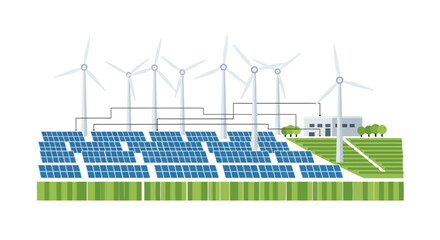 Renewable energy farm with solar panels and wind turbines, clean power generation illustration © Por