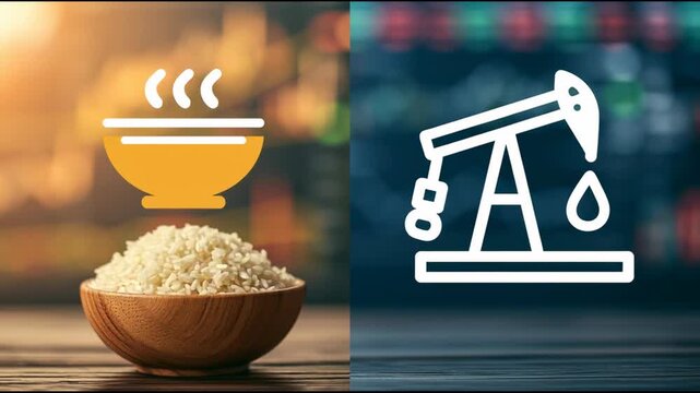 Oil field and hot bowl of rice icons with a rising stock market graph, illustrating consumer goods and food price increases driven by an oil crisis and global inflation.