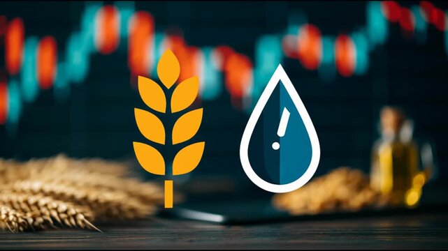 Food and agricultural product price increase caused by an oil crisis concept, featuring wheat and oil drop icons with a rising stock market graph background symbolizing inflation.