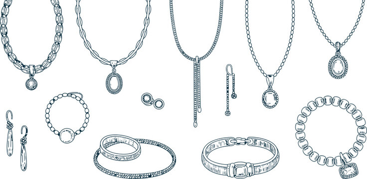 Silver jewelry set, chain necklaces, bracelets, earrings, rings, luxury accessories collection