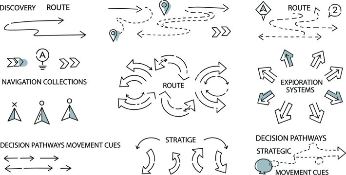 Hand drawn infographic navigation elements and route arrows vector set for business strategy roadmap presentation layout and tracking map dashboard template