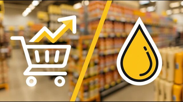Goods and food price inflation caused by an oil crisis concept, featuring a shopping cart and oil drop icon over a blurred wholesale supermarket background with copy space.