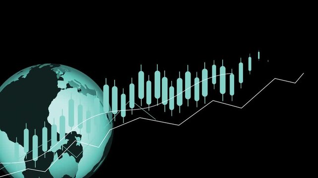 Global market candlestick trend animation, Earth globe on left with ascending blue candlestick stock chart