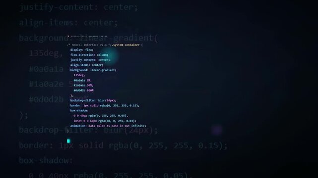 Abstract Digital Code Scrolling on Dark Screen with Glowing Blue and Purple Syntax Highlighting