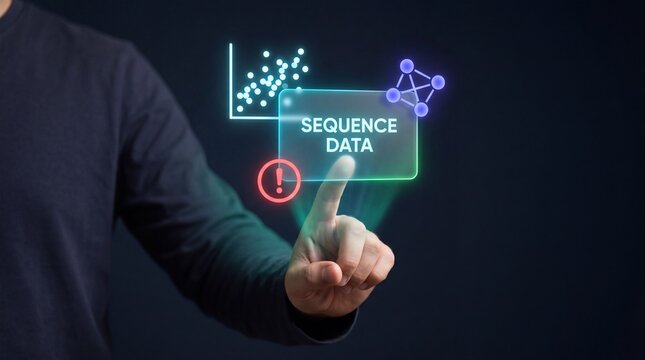 Person Pressing Glowing Sequence Data Button to Activate Network Nodes, Trigger Alerts, Visualize Scatter Plots, and Process Genomic Information, Focusing on Bioinformatics, Data Sequencing