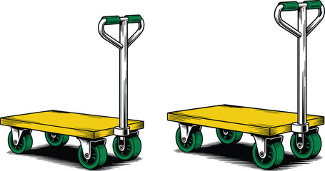 Hand trucks, yellow platform dollies, green handle warehouse carts, industrial equipment © mafia009