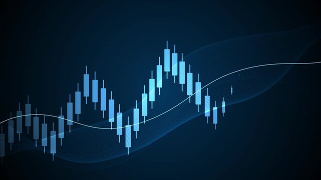 Abstract candlestick trading chart animation, Stylized financial candlestick chart on dark background with flowing wave lines, modern tech aesthetic