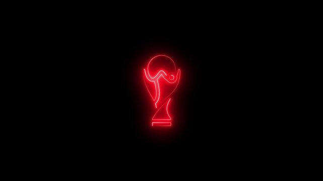 Glowing red neon soccer cup trophy animation on black background, football