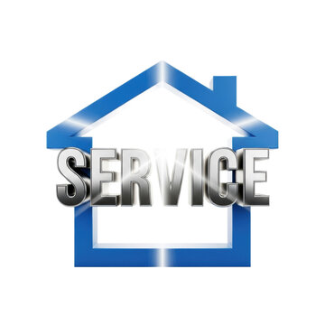 hyper-realistic 3d rendering of the word 'service' in polished silver chrome block letters inside a matte royal blue house icon, dramatic light flare on white, high contrast business efficiency