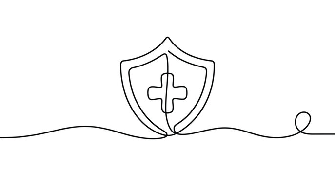 Shield continuous line drawing, medical cross icon, health protection symbol, simple monoline style vector illustration, safety concept design, no editable stroke.